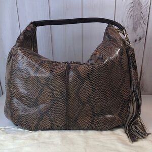 NEW G.I.L.I.Brown Python Snake Print Leather Hobo Bag with gold hardware